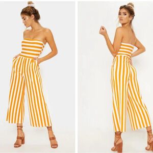 PrettyLittleThing Mustard‎ and White Striped Bandeau Cropped Jumpsuit size 4 NWT